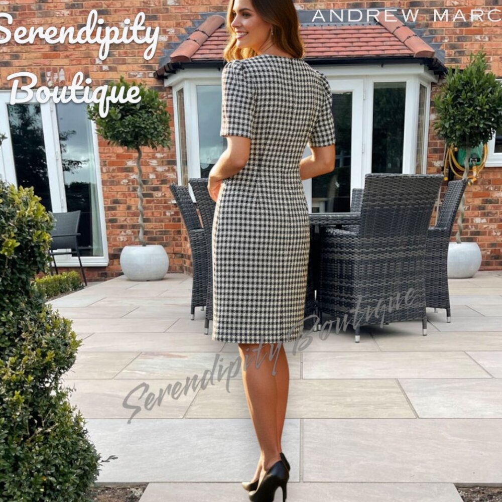 Andrew Marc Houndstooth Pleated Puffed Sleeve Round Neck Midi Sheath Dress - Picture 2 of 9